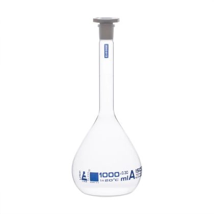 Volumetric Flask, 1000ml - Class A, ASTM - Polypropylene Stopper - Blue Graduation - Borosilicate Glass