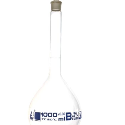 Volumetric Flask, 1000ml - Class B, ASTM - Tolerance ±0.600 ml - Glass Stopper - Single, Blue Graduation