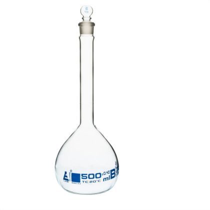 Volumetric Flask, 500ml - Class B, ASTM - Tolerance ±0.400 ml - Glass Stopper - Single, Blue Graduation